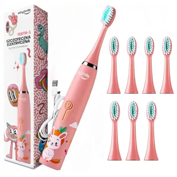 Periuta electrica reincarcabila sonica WhySmile Copii, 32000 miscari minut, 4 moduri de curatatare, 8 capete de periere, smart timer, rezistent la apa