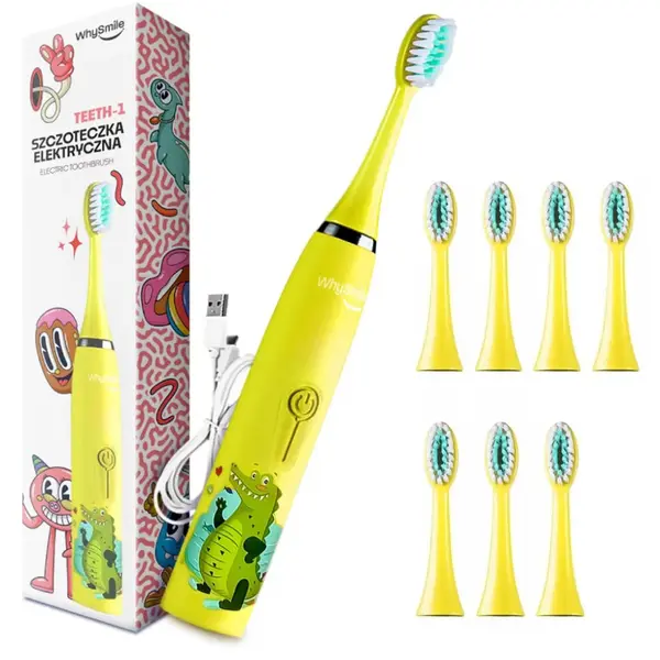 Periuta electrica reincarcabila sonica WhySmile Copii, 32000 miscari minut, 4 moduri de curatatare, 8 capete de periere, smart timer, rezistent la apa