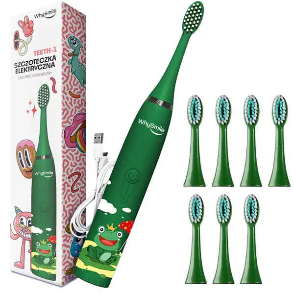 Periuta electrica reincarcabila sonica WhySmile Copii, 32000 miscari minut, 4 moduri de curatatare, 8 capete de periere, smart timer, rezistent la apa