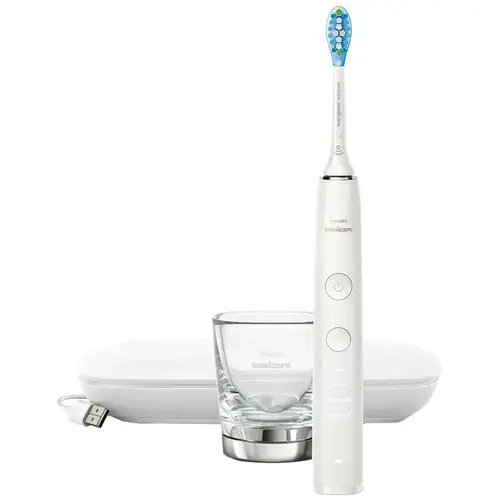 Periuta electrica sonica Philips Sonicare DiamondClean HX9911/27, 62000 miscari/minut, 4 moduri de curatare, 3 intensitati, conectivitate la aplicatie, senzor presiune, functie BrushSync, 1 cap de periere, toc de transport, pahar de incarcare, Alb