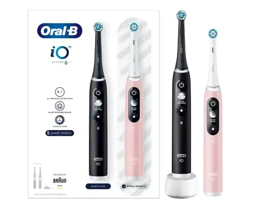 Periute de dinti electrice Oral-B iO6, 5 moduri periaj, Timer, Senzor presiune Smart (Negru/Roz)