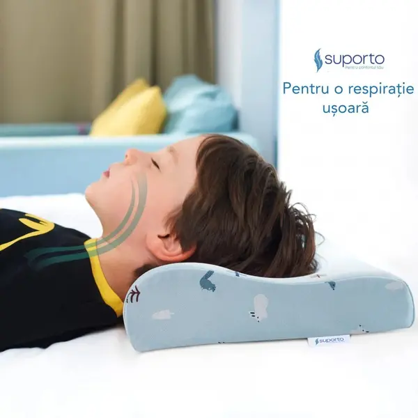 Perna ortopedica si hipoalergenica din spuma cu memorie 2-9 ani Suporto Albastru, husa din bumbac, 2 inaltimi pentru dormit si suport cervical