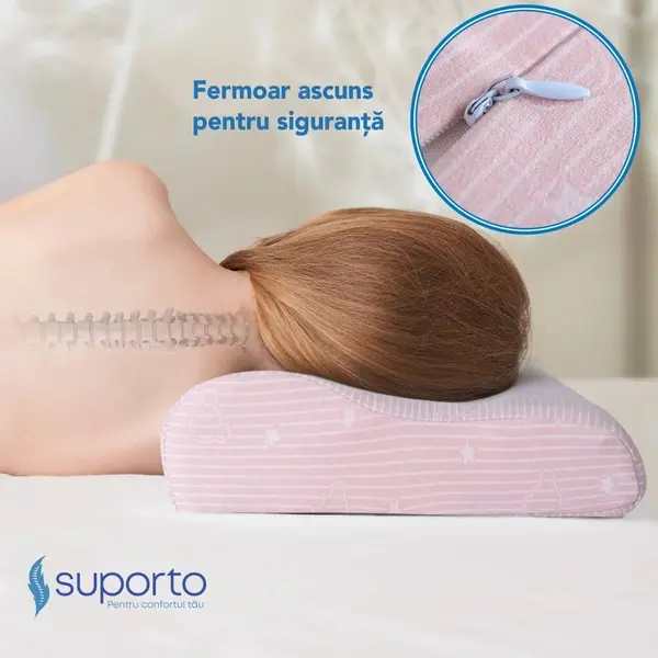 Perna ortopedica si hipoalergenica din spuma cu memorie 2-9 ani Suporto Roz, husa din bumbac, 2 inaltimi pentru dormit si suport cervical