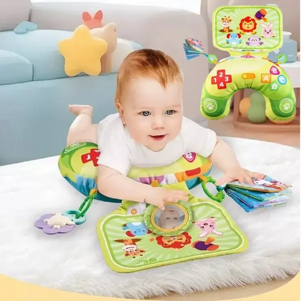 Perna Tummy-Time pentru Bebelusi cu Carti Textile si Jucarii Senzoriale (0-12 luni)