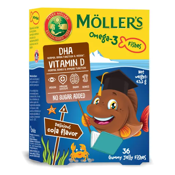 Pestisori gumati cu Omega-3 si aroma cola, 36 jeleuri, Moller's