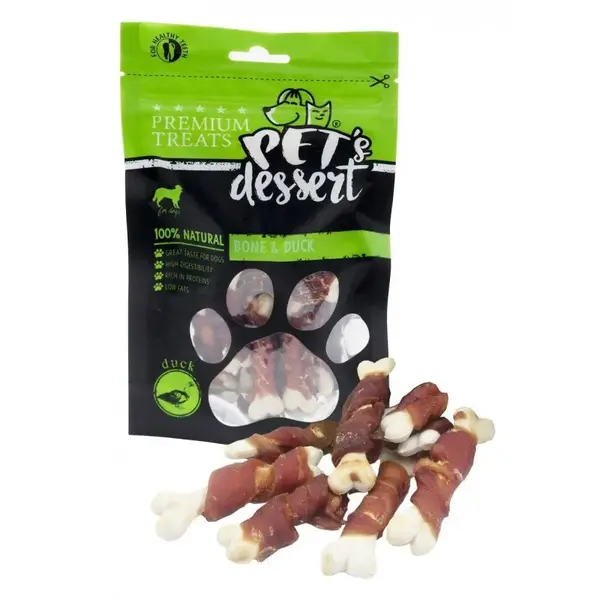 PET'S DESSERT Bone & Duck, XS-XL, Rață, punguță recompense fără cereale câini, 80g