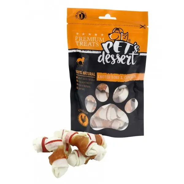 PET'S DESSERT Knoted Bone & Chicken, XS-XL, Pui, punguță recompense fără cereale câini, 500g