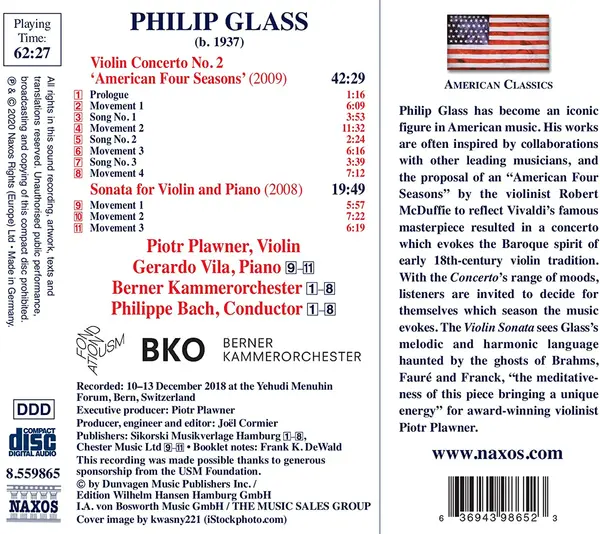 Philip Glass: Violin Concerto No.2 'American Four Seasons' / Sonata for Violin and Piano | Piotr Plawner, Gerardo Vila, Berner Kammerorchester, Philippe Bach