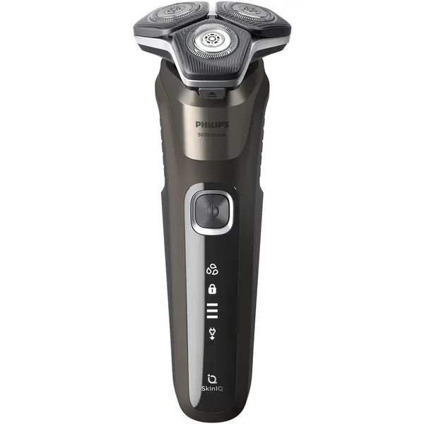 Philips Aparat de barbierit Philips Shaver Seria 5000 S5886/-30, barbierit umed si uscat, tehnologie SkinIQ, fara fir, capete flexibile 360°, display LED, senzor Power Adapt, lame auto-ascutire, lama de tuns integrata, 60 min, toc transport, Maro