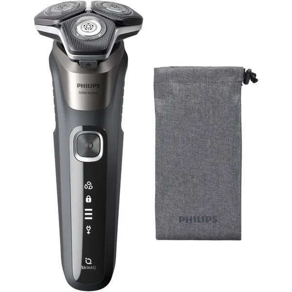 Philips Aparat de barbierit Phipips Shaver Seria 5000 S5887 10, barbierit umed, uscat, tehnologie SkinIQ, fara fir, capete flexibile 360°, display LED, senzor Power Adapt, lame auto-ascutire, lama de tuns integrata, 60 min, husa, Gri carbon