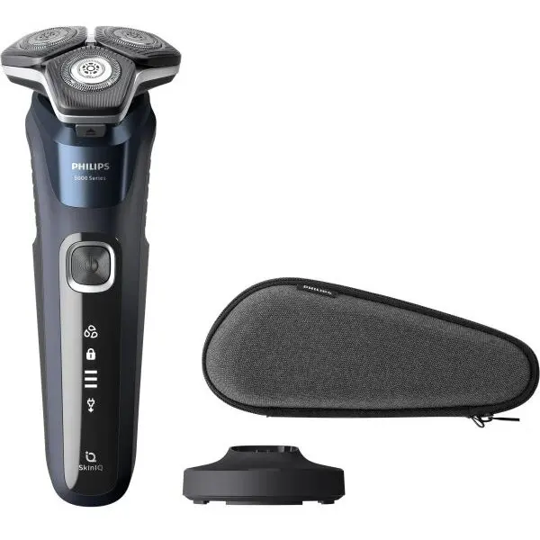 Philips Aparat de ras PHILIPS Seria 5000 S5885/35 cu tehnologie SkinIQ, capete 360° flex, trimmer pop-up pentru perciuni/cioc, ras umed&uscat, autonomie 60 min /1h incarcare, etui, suport incarcare, Albastru nocturn