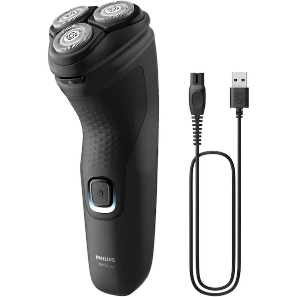 Philips Aparat de ras Philips Shaver Seria 1000 S1141/00, barbierit umed si uscat, fara fir, capete 4D flexibile, lame autoascutire, 40 min, capac de protectie, Negru
