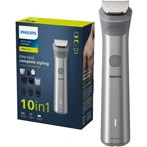 Philips Aparat de tuns barba si parul 10 in 1 PHILIPS Multigroom All in One MG5920 15, tehnologie BeardSense, lame din otel cu auto-ascutire, 11 setari de lungime, Negru Argintiu