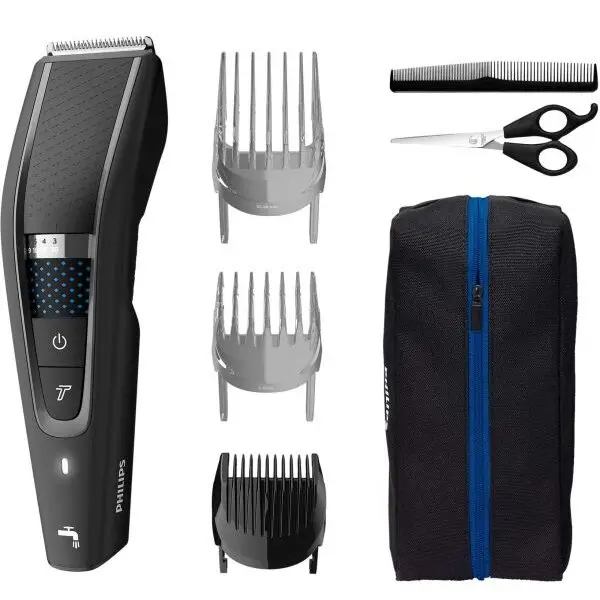 Philips Aparat de tuns Philips Seria 5000 HC5632/15, Tehnologie Trim-n-Flow Pro, Cap de tuns metalic, Lame otel inoxidabil, 90 min utilizare fara fir, 28 setari lungime, Mod Turbo, Husa de transport, Negru