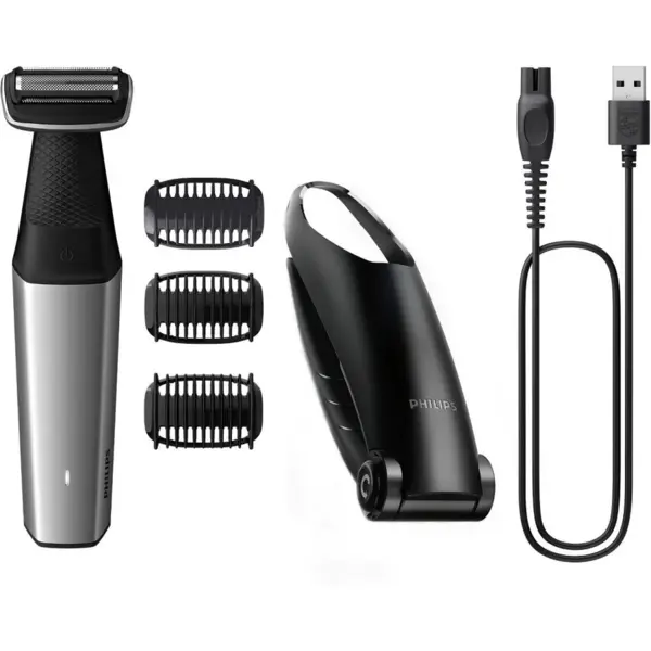 Philips Aparat de tuns/ras corporal PHILIPS BG5021-15 seria 5000, folie hipoalergenica, autonomie 60 minute, timp incarcare 1 ora, functie incarcare rapida 5 minute, 3 x pieptene pentru corp (2, 3, 5 mm), maner pentru spate, Argintiu