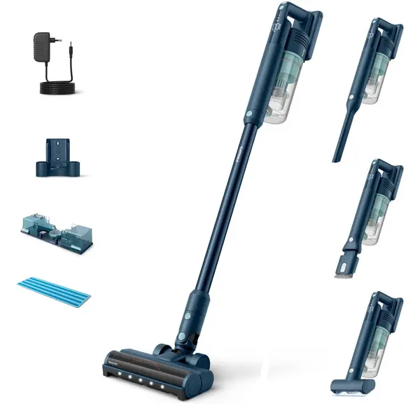 Philips Aspirator vertical Philips XC5141/01 Aqua Seria 5000, 25.2V, durata de functionare pana la 60 min, sistem de filtrare in 3 etape, lumini LED, afisaj digital, baterie detasabila, Albastru