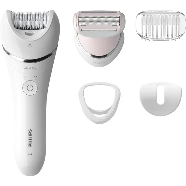 Philips Epilator umed si uscat Philips BRE710/00, 5 accesorii, 32 pensete, utilizare fara fir, 2 setari viteza, opti-light, discuri ceramice, Argintiu