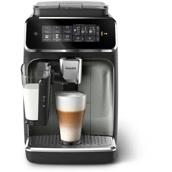 Philips Espressor automat Philips seria 3300 EP3349/70, solutie de lapte LatteGO, 6 tipuri de bauturi, ecran tactil intuitiv, Tehnologie noua SilentBrew, Aplicatie HomeID , rasnita ceramica, negru/argintiu