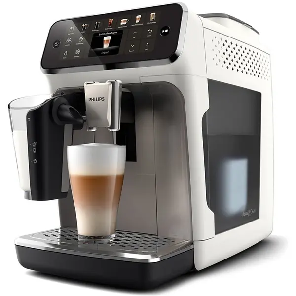 Philips Espressor automat Philips Seria 4400 EP4443/70, 1500 W, 1.8 l, 15 bar, 12 setari macinare, Ecran TFT Tactil, LatteGo, 5 intensitati aroma Alb/Negru