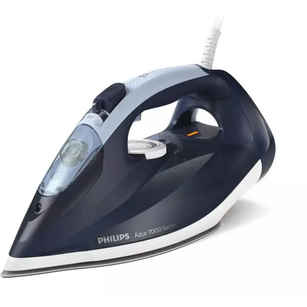 Philips Fier de calcat Philips Azur DST7030/20, 2800W, debit de abur continuu de 50g/min si jet de abur de 250 g, talpa SteamGlide Plus, rezervor de 300ml si sistem de curatare automata cu rezervor integrat pentru calcar, oprire automata de siguranta, Al