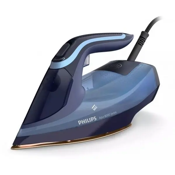 Philips Fier de calcat Philips DST8020/20 Seria 8000, 3000W, talpa Steamglide Elite Rosecopper, OptimalTemp, Abur 55 g/min, jet de abur 240 g, capacitate rezervor 300ml, Detartrare Quick Calc Release, Oprire automata, Albastru