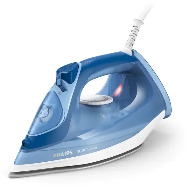 Philips Fier de calcat Philips Seria 3000, putere 2400W, jet continuu de abur 40g/min, culoare albastru, rezervor de apa 300ml, talpa ceramica, oprire automata.