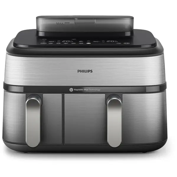 Philips Friteuza cu Aer Cald Philips Airfryer 5000 Series Dual Basket Steam NA555/00, 9 L, RapidAir Plus + Air Steam, 2750 W, 12 Presetari, Argintiu