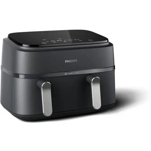 Philips Friteuza dubla fara ulei Philips Airfryer Seria 3000 NA351/00, tehnologia Rapid Air, 2 recipiente de 2 dimensiuni, afisaj digital, 8 presetari, capacitate 9 litri, 2750 W, cronometru, compatibila cu HomeID, Negru