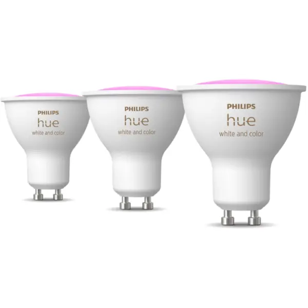 Philips Pachet 3 becuri LED RGB inteligente Philips Hue, Bluetooth, GU10, 4.2W, 400 lm, lumina alba si colorata, Clasa energetica E