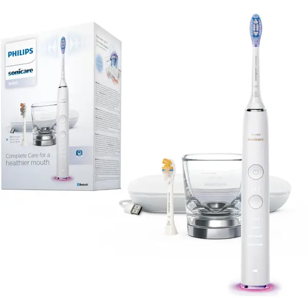 Philips Periuta de dinti sonica electrica Philips Sonicare DiamondClean Smart 9400 HX9917/88, 62000 miscari/minut, 4 moduri de curatare, 3 nivele intensitate, senzor presiune, functia BrushSync, 2 baze cu rol de incarcare, 2 capete de periere, Alb