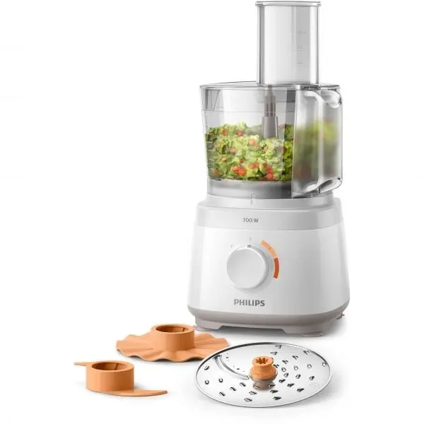 Philips Robot de bucatarie Philips HR7310/00 Daily Collection, 700 W, 2 viteze + puls, bol 2.1 L, dispozitiv de emulsifiere, disc din inox, Alb