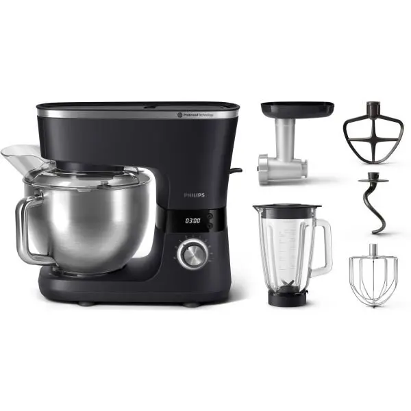 Philips Robot de bucatarie Philips HR7962/21, seria 7000, 1000 W, 8 setari de viteza,Tehnologie ProKnead, Sistem de amestecare perfecta, carlige pentru aluat, paleta si tel, Castron de 5,5 l, Capac antistropire, Cronometru inteligent cu LED, Negru-Argint