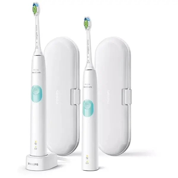 Philips Set 2 periute de dinti electrice Philips Series 4300 HX6807/35 Sonicare ProtectiveClean, 62000 miscari de curatare/minut, 2 intensitati, Trusa de calatorie, Alb