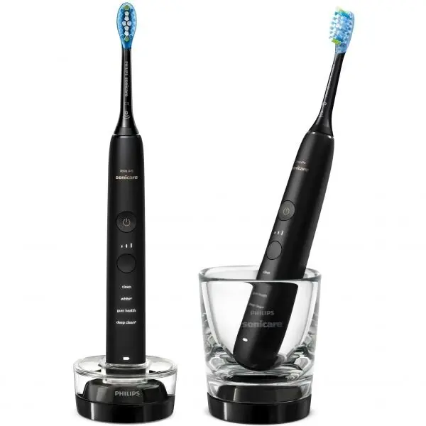Philips Set 2 periute de dinti electrice sonice Philips Sonicare DiamondClean 9000 HX9914/54, 62000 miscari/minut, 4 moduri de curatare, 3 nivele intensitate, senzor presiune, functia BrushSync, 2 baze de incarcare, 2 capete de periere, aplicatie Sonicar