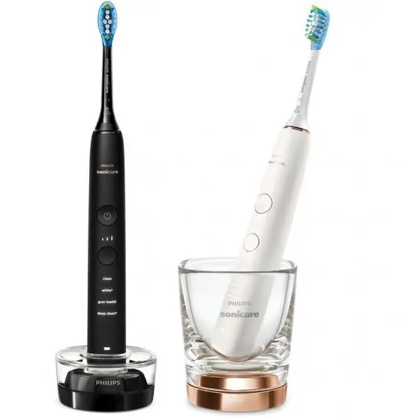 Philips Set 2 periute electrice sonice Philips Sonicare DiamondClean 9000 HX9914/57, functie BrushSync, 4 moduri de periere, 3 nivele de intensitate, senzor de presiune, 2 capete de periere, 2 baze cu rol de incarcare, Negru / Rose gold