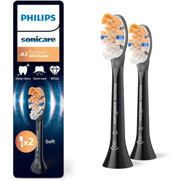 Philips Set de 2 capete Philips Sonicare A3 Premium All-in-One Soft HX9092/88, Rigiditatea perilor moale, Dimensiune standard, Margini moi si flexibile din cauciuc, Negru