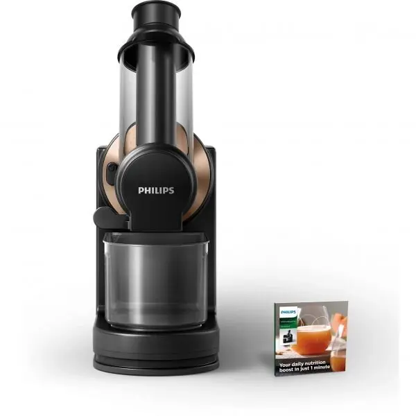 Philips Storcator de fructe si legume prin presare la rece Philips Viva Collection HR1888/70, 150 W, capacitate vas 1 l, Recipient pulpa 0.75 l, Tub de alimentare 70 mm, Negru/Auriu