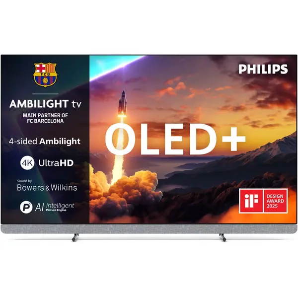 Philips Televizor Philips Ambilight TV OLED+ 77OLED910, 194 cm, Google TV, 4K Ultra HD, 100 Hz, Clasa F (Model 2025), Argintiu