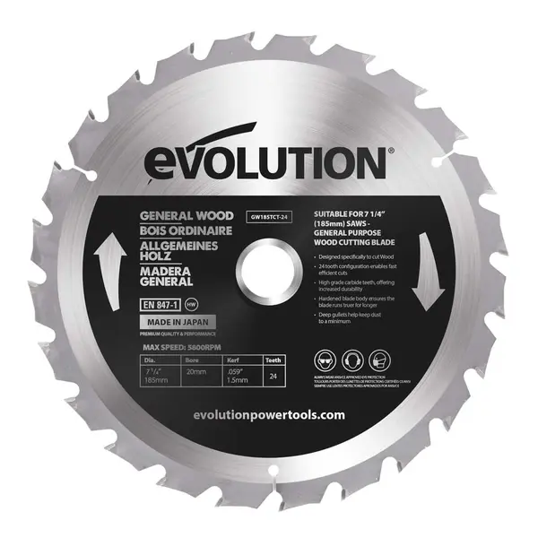 Piła widiowa TCT do cięcia drewna Evolution 185mm / 24z do pił ukośnych