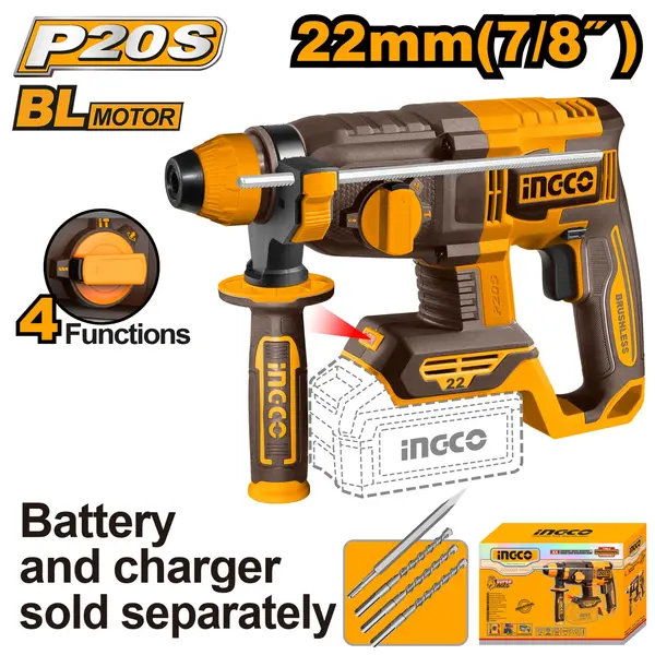 Picamer 20V 22mm Brushless 4 Functii SDS Plus 2J Profesional pentru Beton INGCO CRHLI21228