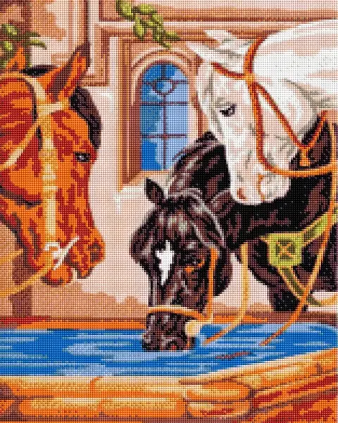 Pictură mozaic cu diamante MagicArt: Premium - Cai la o adăpătoare, mărgele pătrate 40 x 50 cm + AB