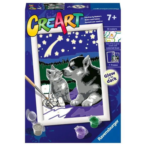 Pictura pe numere pentru copii Ravensburger CreArt Prieteni care stralucesc in intuneric