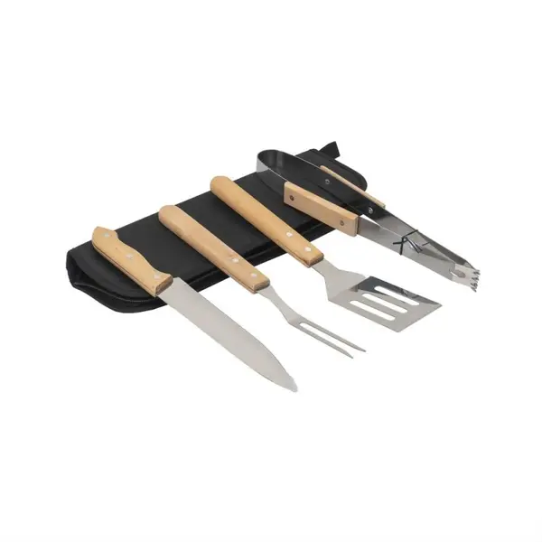 Piese Inox si Maner de Lemn pentru Gratar + Borseta Depozitare, 4 Bucati