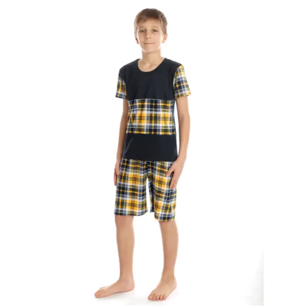 Pijama 1/2 baieti AV2424 bleumarin/galben cadrilat, Andana | marimea 38 (11/12 ani)
