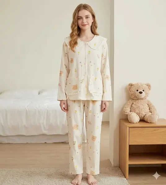 Pijama dama cu guler mare, din doua piese, PJ015, Bej