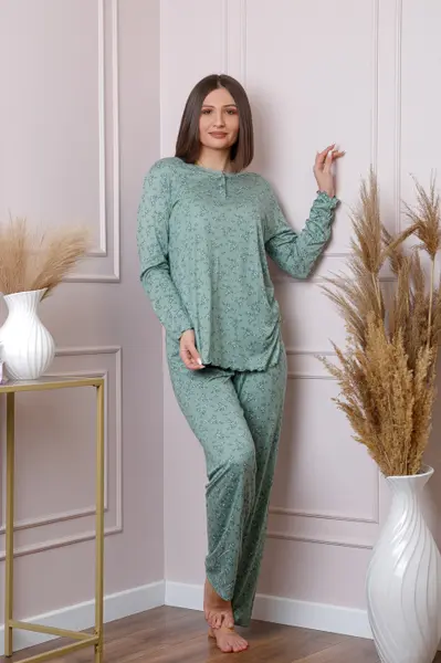 Pijama dama Lisa plus size din bumbac verde cu imprimeu floral