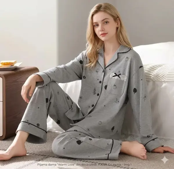 Pijama dama "Warm Love" din doua piese, PJ039, Gri inchis
