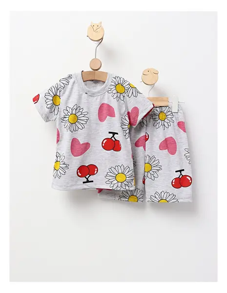 Pijama de vara gri cu floricele