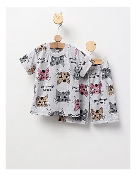 Pijama de vara gri cu pisicute