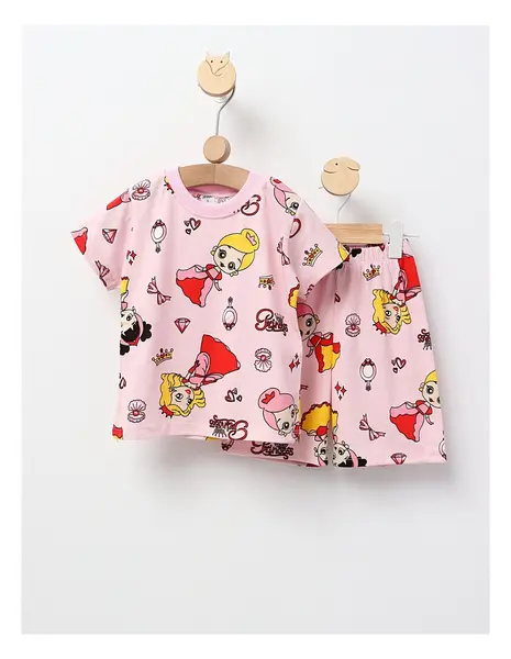 Pijama de vara roz cu printese